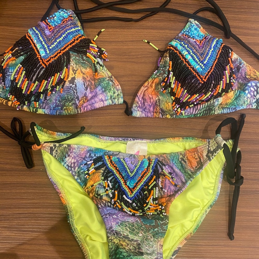 Beads and sequin animal print multicolor bikini XL